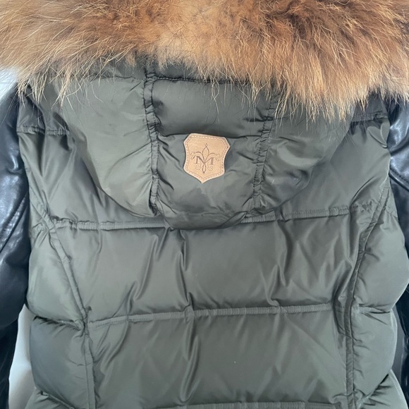 Olive Green Down puffer with black Leather sleeves and detachable fur hood. - Picture 5 of 9